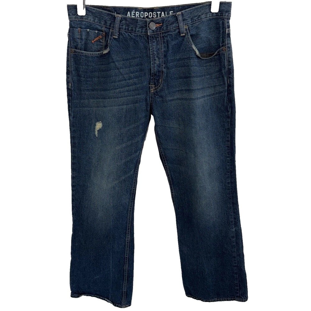 Aeropostale Mens 36x32 Bootcut Jeans Driggs Slim Blue Denim Distressed Faded Y2K